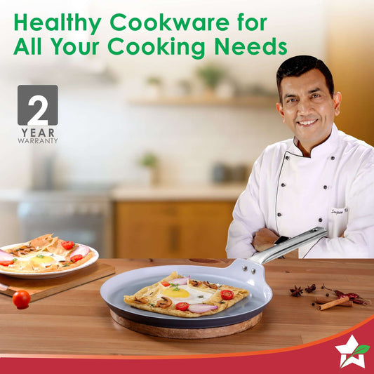 Eco-Glide Dosa Tawa | Chemical-free Ceramic Coating | 28cm | Healthy, Low Oil Meals | Scratch-resistant | Stainless-steel Handle | Gas & Induction Compatible | Grey | Easy to Clean