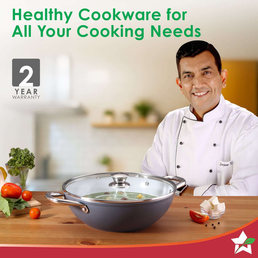 Eco-Glide Kadhai with Glass Lid | | Chemical-free Ceramic Coating | 28cm, 4.3L | Healthy, Low Oil Meals | Scratch-resistant | Stainless-steel Handle | Gas & Induction Compatible | Grey