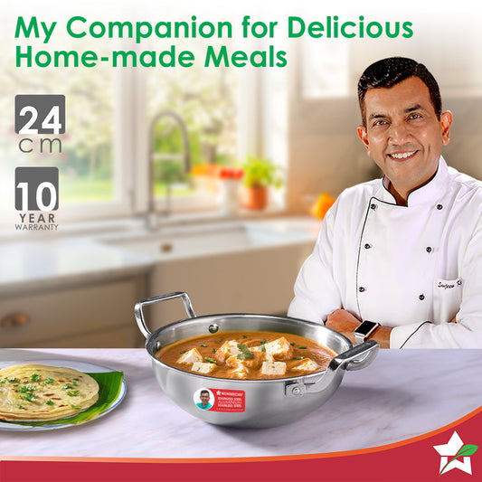 Stella Triply Stainless Steel Kadhai with Lid | 24 cm, 3 Litres | Compatible with Gas Stove, Induction, Ceramic Cooktop | Non-toxic | Uniform Heating | Heavy-duty Handle | 10-year Warranty
