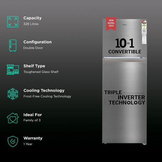 Haier 328 Litres 3 Star Frost Free Double Door Refrigerator with Fan Motor Technology (HEF333TSP, Inox Steel)