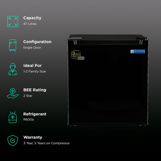 Blue Star Mini Bar 47 Litres 2 Star Direct Cool Single Door Refrigerator with Temperature Control Dial (MR70-GB, Black)