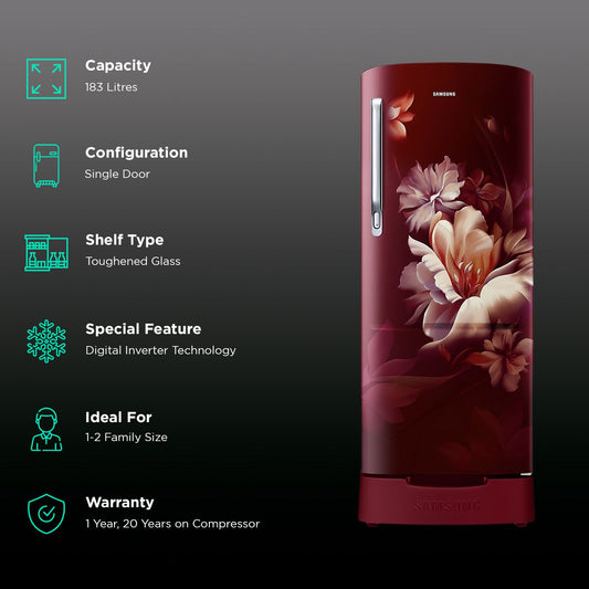 SAMSUNG Stylish Grande 183 Litres 5 Star Direct Cool Single Door Refrigerator with Anti Bacterial Gasket (RR20D2825RZ/NL, Burgundy Red)