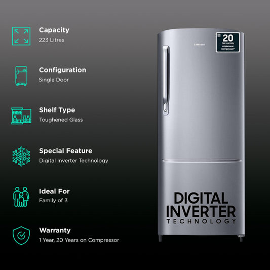 SAMSUNG Stylish Grande 223 Litres 3 Star Direct Cool Single Door Refrigerator with Anti Bacterial Gasket (RR24C2723S8/NL, Elegant Inox)