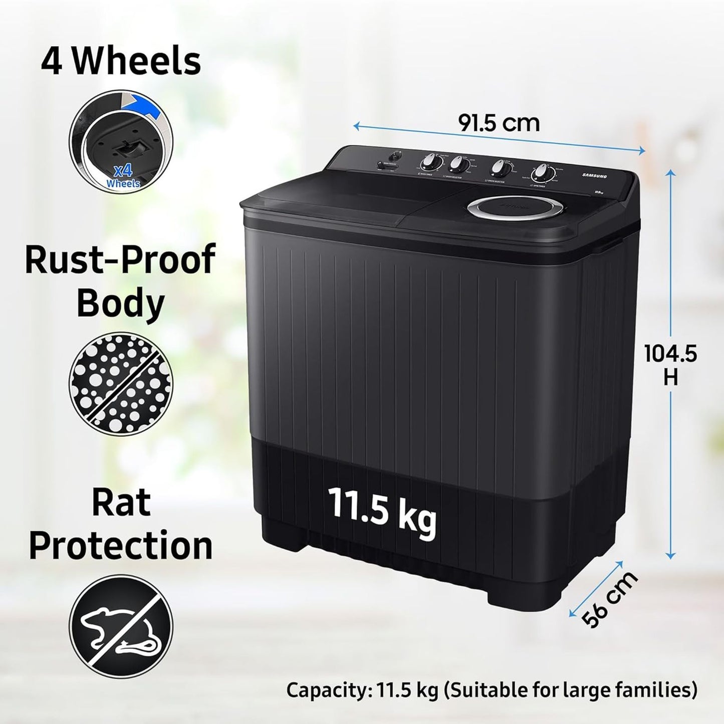 SAMSUNG 11.5 kg 5 Star Semi Automatic Washing Machine with Hexa Storm Pulsator (WT11A4260GD/TL, Dark Grey)