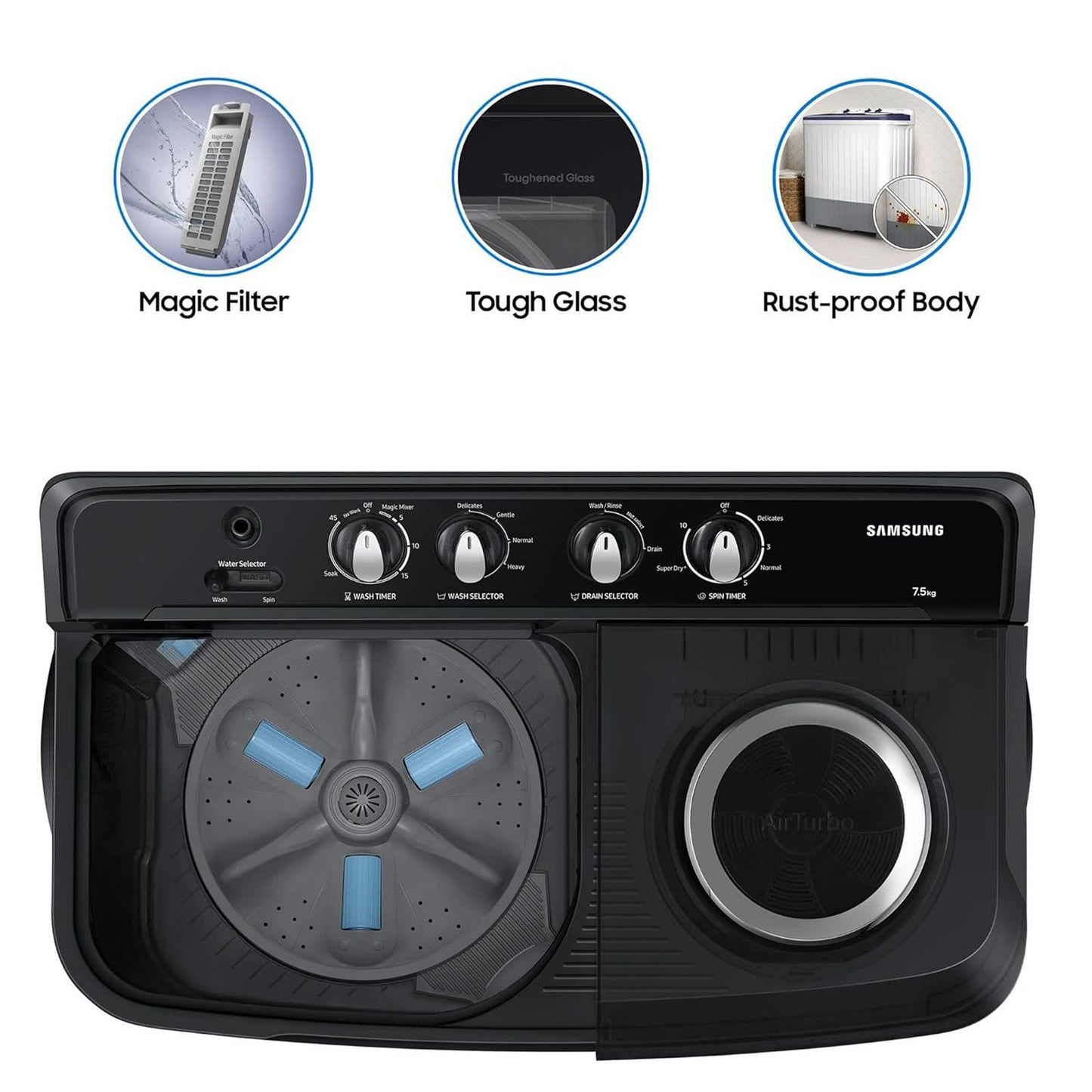 SAMSUNG 7.5 kg 5 Star Semi Automatic Washing Machine with Hexa Storm Pulsator (WT75B3200GD/TL, Dark Grey)