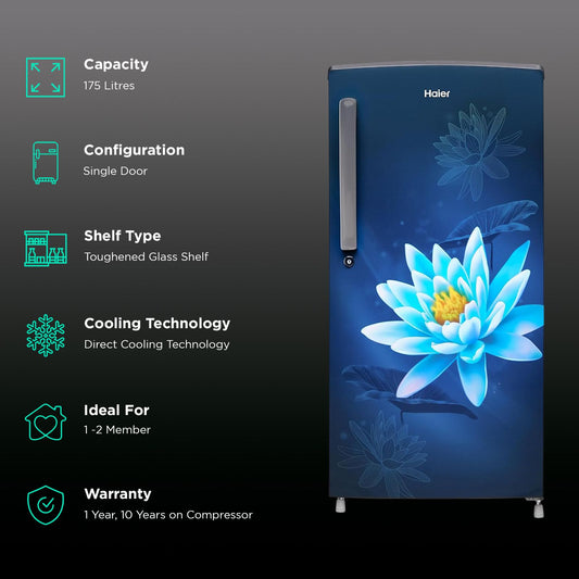 Haier 175 Litres 2 Star Direct Cool Single Door Refrigerator with Anti-Bacterial Gasket (HED182MLN, Marine Lotus)
