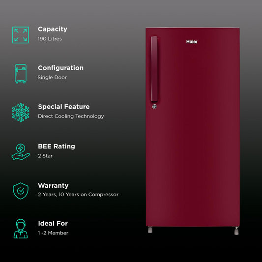 Haier 190 Litres 2 Star Direct Cool Single Door Refrigerator with Antibacterial Gasket (HED202RSP, Red Mono)