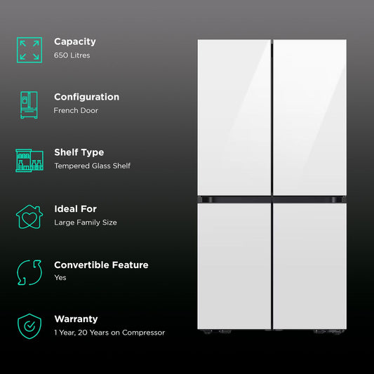SAMSUNG 650 Litres Frost Free French Door Convertible Refrigerator with Triple Cooling (RF65DB90BD12/TL, Clean White)