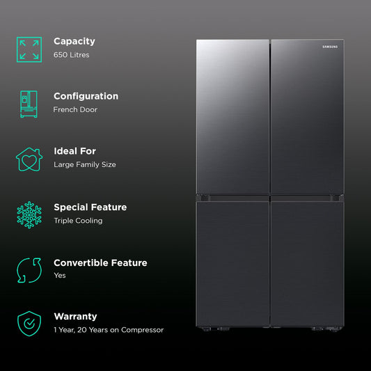SAMSUNG 650 Litres Frost Free French Door Convertible Refrigerator with Triple Cooling (RF65DG90BDSG/TL, Black Caviar)