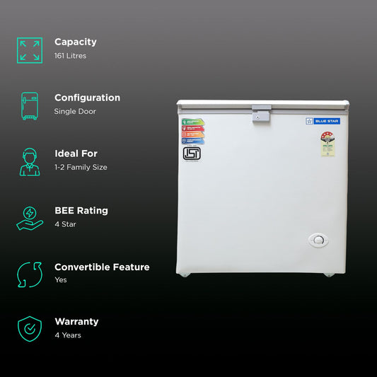 Blue Star NEYW Series 161 Litres 4 Star Single Door Deep Freezer (Static Cooling Technology, CF4-180NEYW, White)