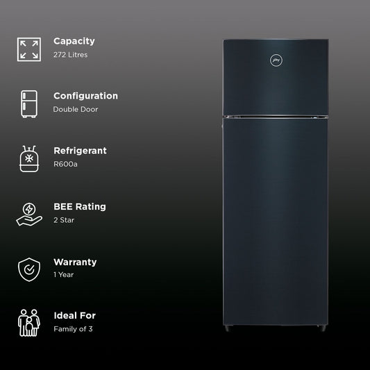 Godrej Eon Valor 272 Litres 2 Star Frost Free Double Door Refrigerator with Cool Balance Technology (RT EONVALOR 310B RI, Fossil Steel)