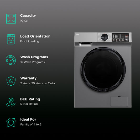Godrej 10 kg Inverter Fully Automatic Front Load Washing Machine (Eon Celesta, WFEON CEL 1014 IEBT SLSR, In-built Heater, Silver Stream)