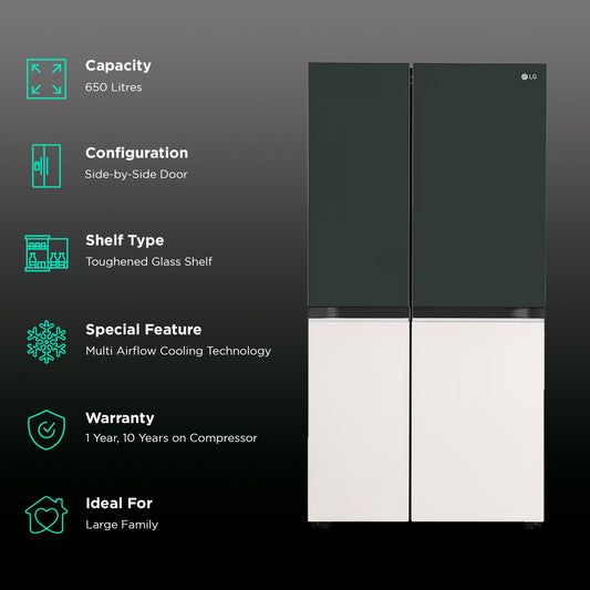 LG 650 Litres 3 Star Frost Free Side by Side Smart Wifi Enabled Refrigerator with Multi Air Flow (GL-B257EET3, Emerald Green Tango)