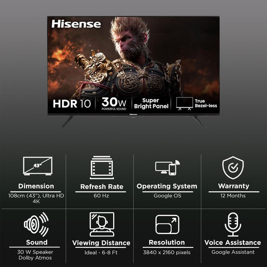 Hisense E63N 108 cm (43 inch) LED 4K Ultra HD Google TV with Dolby Atmos (2024 model)