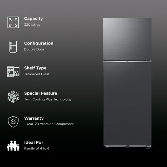 SAMSUNG 330 Litres 3 Star Frost Free Double Door Smart Wifi Enabled Refrigerator with Twin Cooling Plus Technology (RT34DG5A4DB1HL, Black Matt)