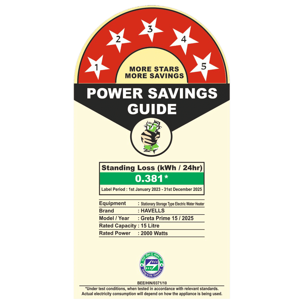 HAVELLS Greta Prime 15 Litre 5 Star Vertical Storage Geyser with Whirlflow Technology (White & Blue)