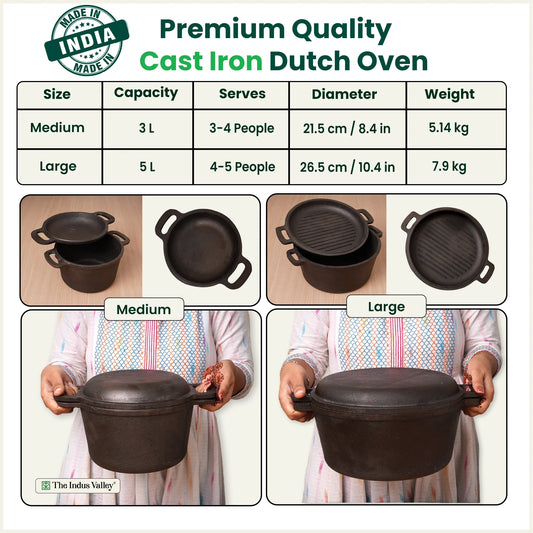 CASTrong Cast Iron Dutch Oven/ Casserole with Lid,Pre-seasoned, 100% Pure, Toxin-free, Induction, 26.5cm, 5 Liter, 7.9 kg