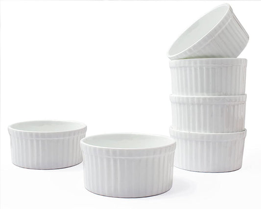 Clay Craft Basics - Ceramic Ramekin Bowl/Soufflé Dish for Baking and Serving Puddings, Custards Or Other Desserts - Set of 6-180 Ml (White)