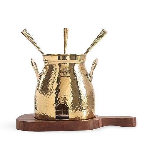 Indian Art Villa Brass Table Tandoor with Wooden Base and 3 Skewers, Hammered Design, Tabletop Oven for Indian Cooking - Home, Hotel and Restaurant Use, Diameter - 12 Inch