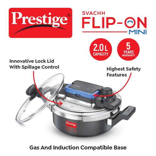 Prestige Svachh Flip-on Mini Hard Anodised Spillage Control Pressure Cooker with Glass Lid, (Black)