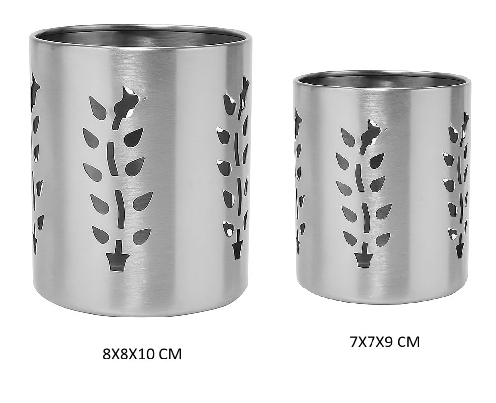 Dynore LeafCut Stainless Steel Organizer Set/Cutlery Holder Set | Dual-Size Kitchen Counter Holders - Set of 2 Pcs