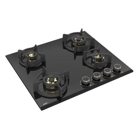 KAFF | ASHFORD Built-in Hob 4 Burners | Auto Electric Ignition Glass Top, 60 CM | Full Brass Burners with Flame Failure Device | 8 MM Thick Toughened Glass Black | ASF604