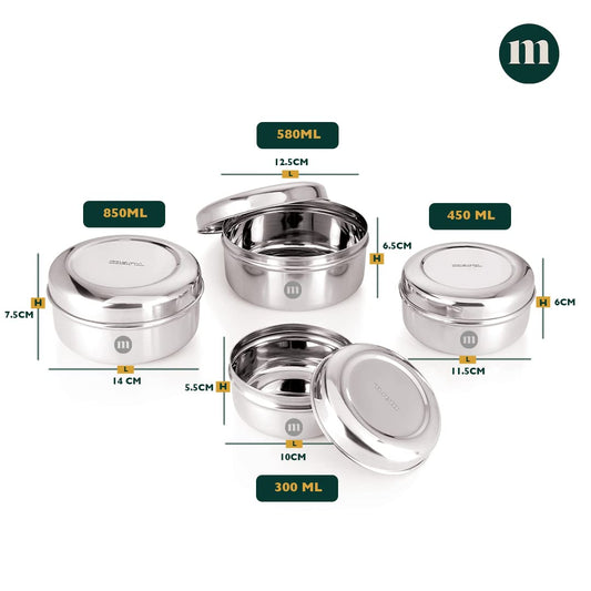 MARU Fridge Storage Containers Stainless Steel set of 4 ((250ml, 450ml, 600ml, 850ml) - Small Round Airtight Food Storage Container, Multipurpose Kitchen Boxes for Leftovers Food, Roti, Chapati & Atta