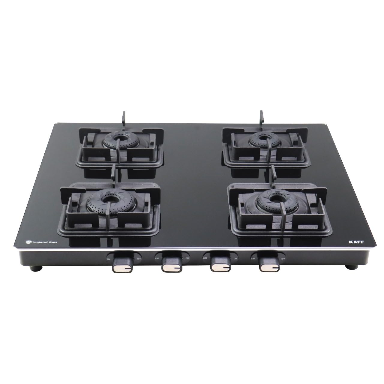 KAFF Gas Stove/Cooktop 4 Burners 63 CM, Black Coated Brass Burners, Decorative SS Moulded Strip on All Sides for Edge Protection Integrated Flame Protector Black | CTQ634B