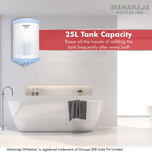 Maharaja Whiteline Warmist Neo Storage Wall Mount Water Heater,25 Litre,Glasslined Coating,Rust&Shock Proof Abs Body,Blue&White Color,Free Installation,Free Connection Pipes - Warmist Neo/Wh-166