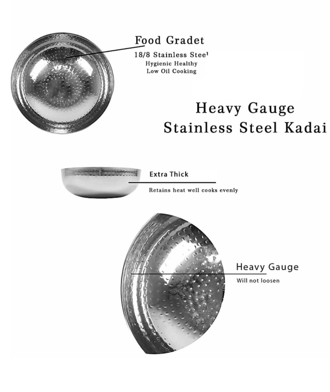 Dynore Stainless Steel Hammered Kadhai/Heavy Bottom Cookware/Kadhai/Kadhai for Kitchen/Utensils for Cooking, Deep Frying Without Handle 2000 ml Dia 22 cm