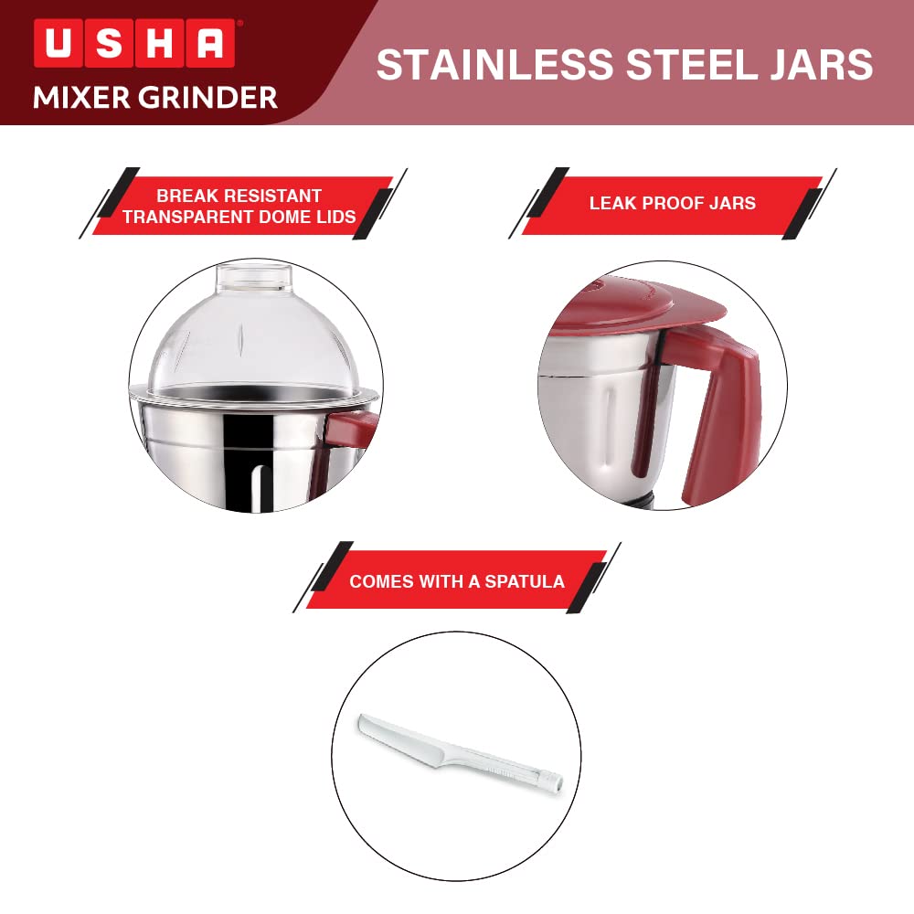 Usha MG 3473 750 W Mixer Grinder with 3 Stainless Steel Jars with Handle, High Speed Motor with 2 years Product Warranty & 5 Years Motor Warranty (Maroon & Black)