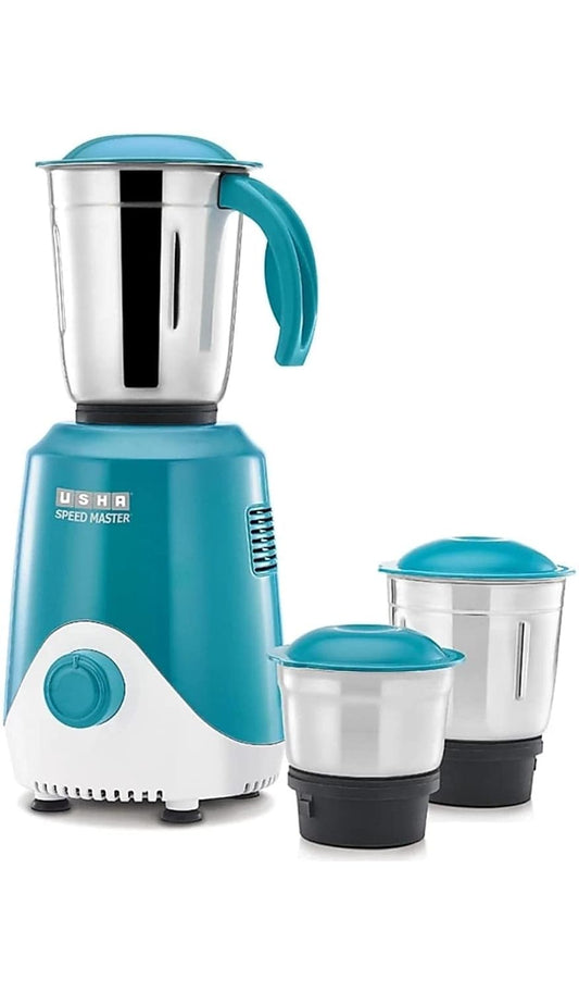 USHA Speed Master 500W with 3 Jars, 100% Copper Motor, 4-fin techno blades for finer grinding, SS Jars with flow breakers, 20000+ RPM, 5 Years Warranty on Motor (Blue and White)