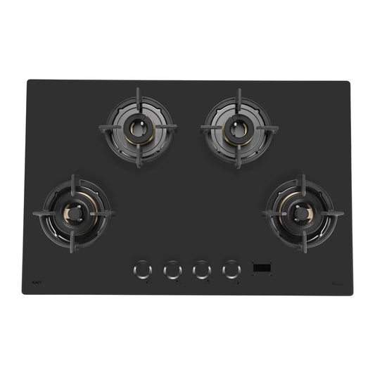 KAFF | PRESTON |80CM 4 Burners Open Built-In Hob & Hobtop With Digital Timer | 8Mm Premium Frosted Black Glass | Powerful Brass Burners With Full Flame Failure Device | Enamelled Matt Finish | PRS804