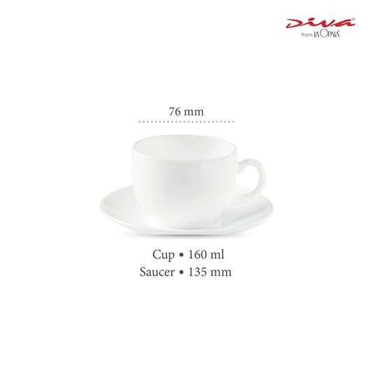 La Opala Diva, Opal Glass Crockery | Cup & Saucer Iris Regular, Set of 12 | Plain White, 160 ml | for Tea & Coffee | Microwave Safe | 100% Vegetarian | Extra Strong | Super Light | Super White