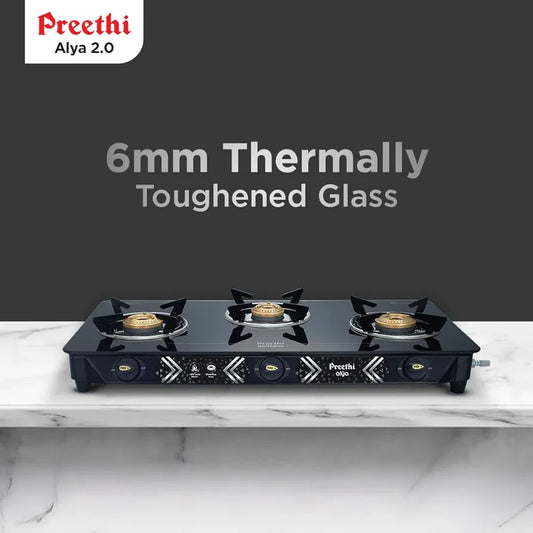 Preethi Alya 3 Burner Glass Top Gas Stove | 5-Year Warranty on Glass & Burners | ISI Certified |