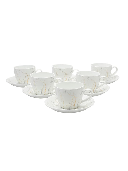 Clay Craft Marble Finish Cup & Saucer Set of 12 (6 Cups + 6 Saucers) - 180 ml Each (White)