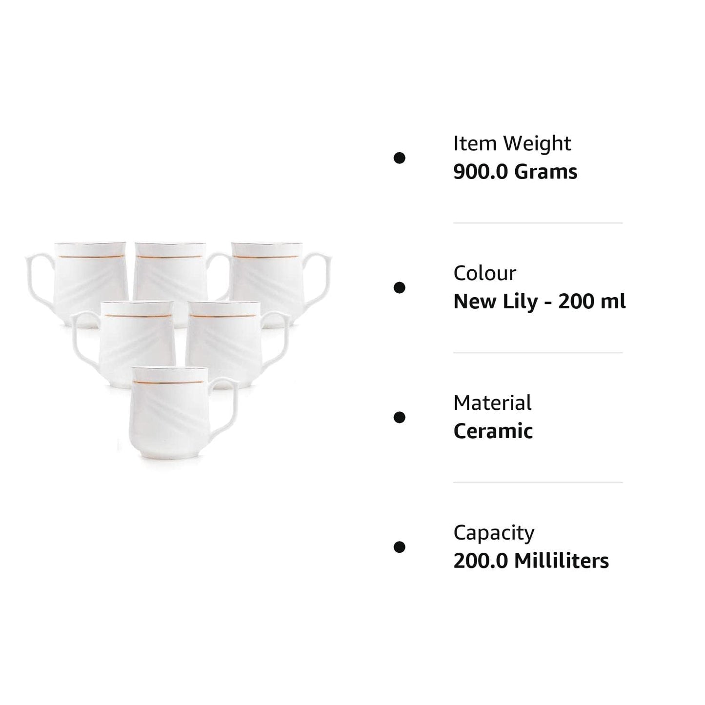 Clay Craft Ceramic 22K Gold Line Series Tea/Coffee Cup Set Special for Drink Tea, Coffee, White with Gold Line, Set of - 6 Pieces (New Lily - 200 ml), Ideal for Gifting, Perfect for Home and Office