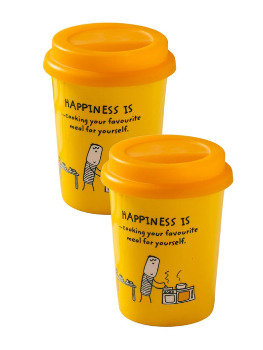 Clay Craft Happiness is Fine Ceramic Portable Travel Mug with Leak Proof Lid - Reusable Coffee Cup with Lid for Hot/Cold Drinks - 350 ml - Set of 2 (Yellow)