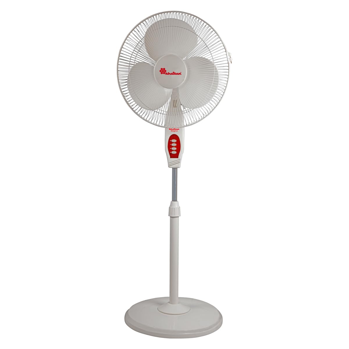 Khaitan Magma 400 MM 3-Blade Pedestal Fan | Adjustable Height | 3-Speed Control | Powder Coated Metal Grill | Telescopic Arrangement | 2-Yr Warranty | White