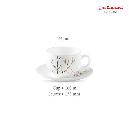 La Opala Diva, Opal Glass Crockery | Cup & Saucer Iris Regular, Set of 12 | Golden Fall, 160 ml | for Tea & Coffee | Microwave Safe | 100% Vegetarian | Extra Strong | Super Light | Super White