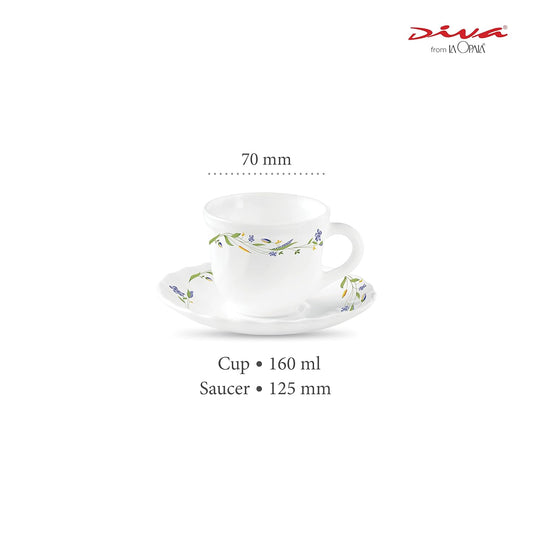 La Opala Diva, Opal Glass Crockery | Cup & Saucer Tulip Regular, Set of 12 | Morning Glory, 160 ml | for Tea & Coffee | Microwave Safe | 100% Vegetarian | Extra Strong | Super Light | Super White