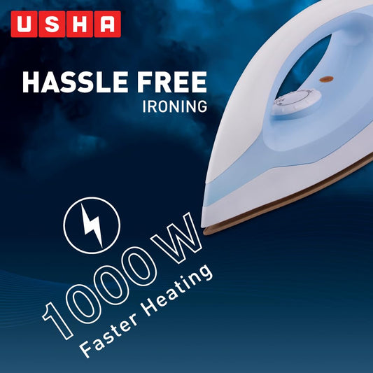 USHA EI 3802 1000W Dry Iron with Double Coat Golden Weilburger Soleplate, 180° Swivel Cord, Easy Fabric Selector & Overheat Protection (Blue/White)