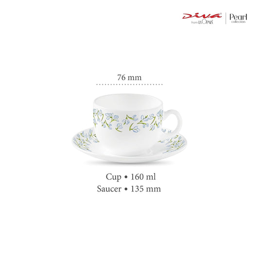 La Opala Diva, Pearl Collection Opal Glass Crockery | Cup & Saucer, Set of 12 | Silky Cluster, 160 ml | for Tea & Coffee | Microwave Safe | 100% Vegetarian | Extra Strong | Super Light | Super White