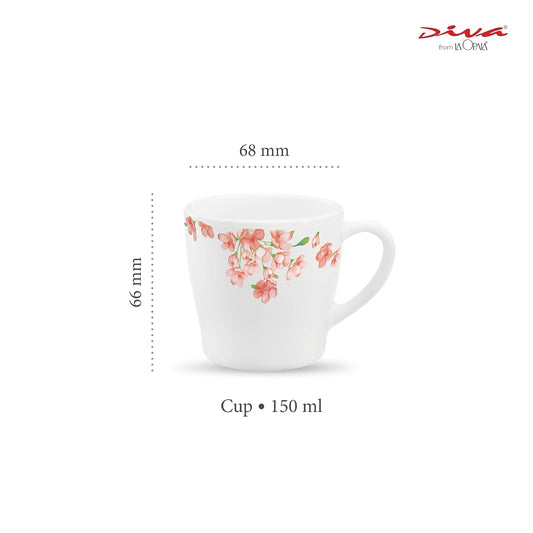 La Opala Diva, Opal Glass Crockery | Cup Gloria, Set of 6 | Aster Pink, 160 ml | for Tea & Coffee | Microwave Safe | 100% Vegetarian | Toughened Extra Strong | Super Light | Super White