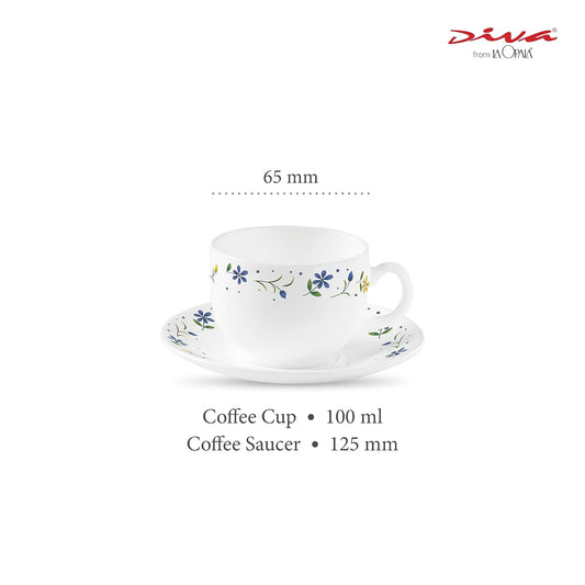 La Opala Diva, Opal Glass Crockery | Coffee Cup & Saucer Iris, Set of 12 | Twilight Bouquet, 100 ml | for Tea & Coffee | Microwave Safe | 100% Vegetarian | Extra Strong | Super Light | Super White