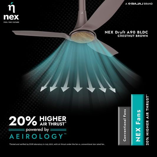 NNEX by BAJAJ Dryft A90 BLDC 1200 MM | 5 Stars Rated Premium Ceiling Fan With Remote Control | 20%* Higher Air Thrust | Airfluence ABS Blade For Low Noise | 2-Yr Warranty Free Installation 【Chestnut】