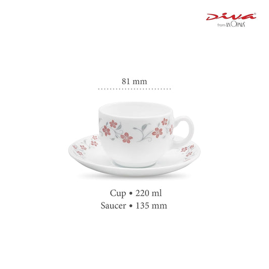 La Opala Diva, Opal Glass Crockery | Cup & Saucer Iris Large, Set of 12 | Grace Red, 220 ml | for Tea & Coffee | Microwave Safe | 100% Vegetarian | Extra Strong | Super Light | Super White
