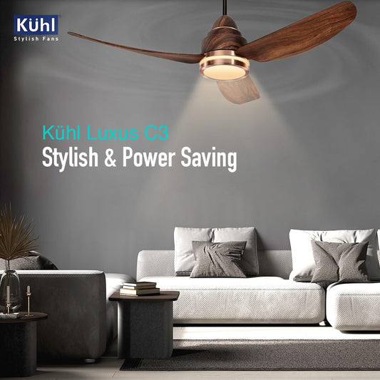 KUHL Luxus C3 1320 mm Stylish 65% Power Saving BLDC Ceiling Fan with Remote | Night & Down Light | 29W | BEE 5 Star | Low Noise | IoT –Operate via Mobile & Alexa | Reverse Mode|Free Installation|Teak