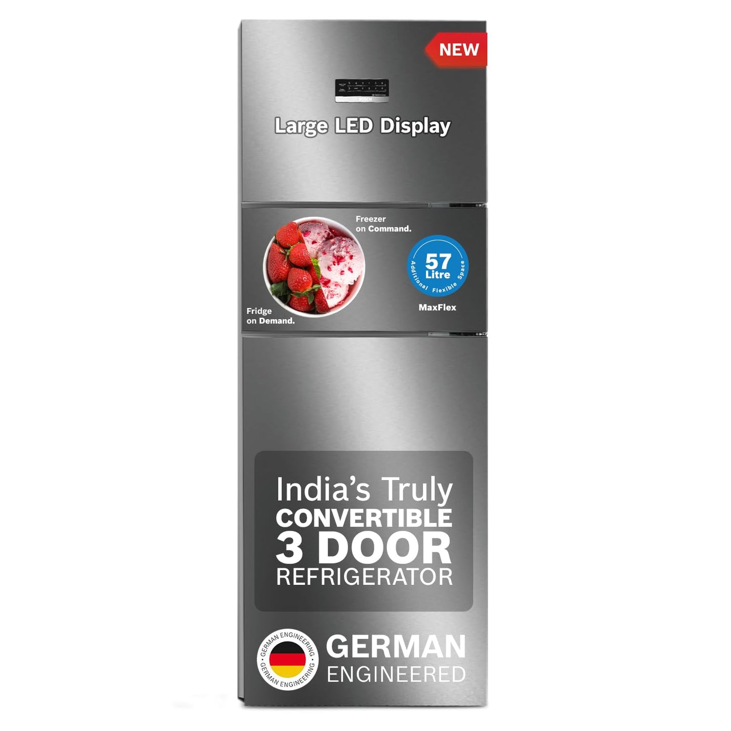 BOSCH Max Convert 368L, 3-Star, Inverter Frost Free Double Door Refrigerator With Water Dispenser (CTC39S03DI, 6-in-1 Convertible, VitaFresh Technology, 2 Cooling System, Shiny Silver)