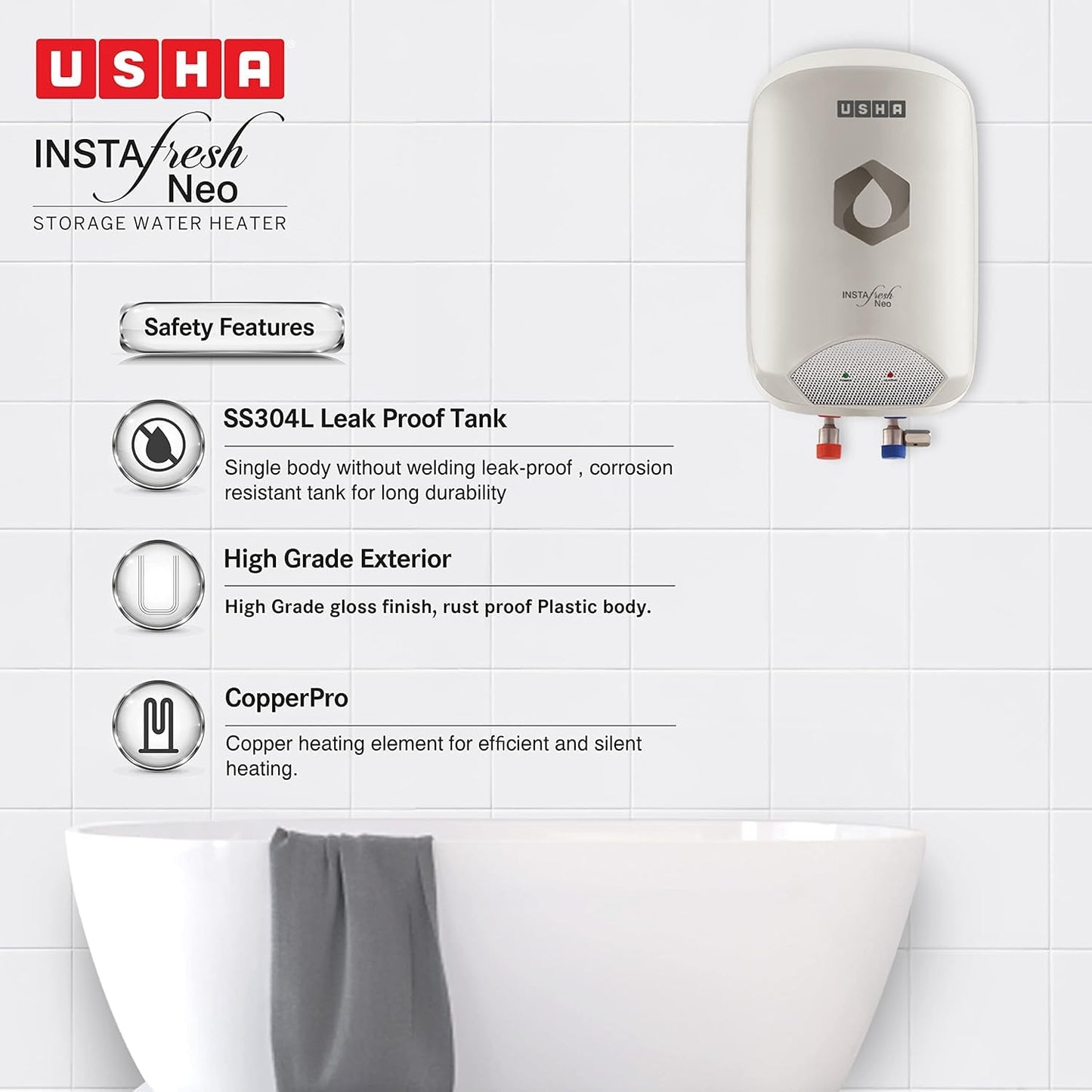 Usha Instafesh Neo 5 Litre Instant Water Heater (White), Wall Mounting